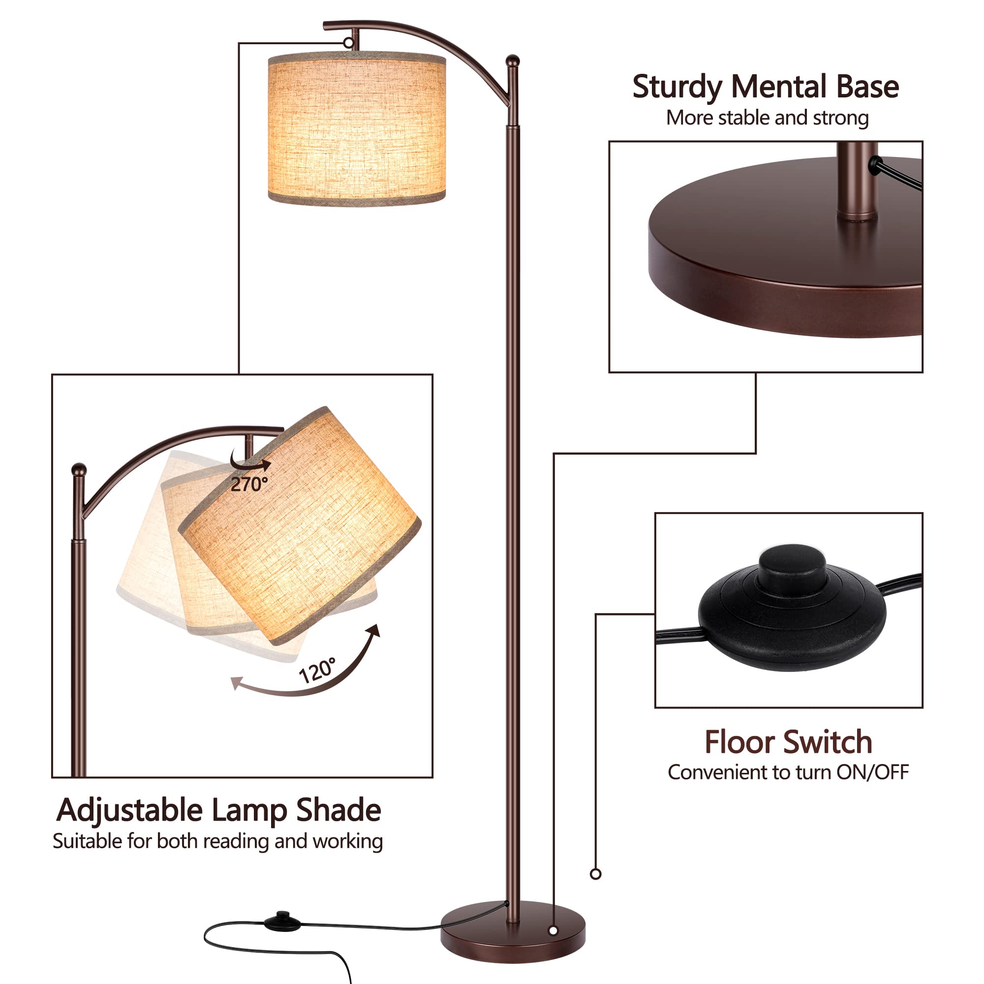 Floor Lamp for Living Room, LED Tall Industrial Standing Lamp Reading for Bedroom, Office (9W LED Bulb, Beige Lampshade Included) -Oil-Rubbed Bronze
