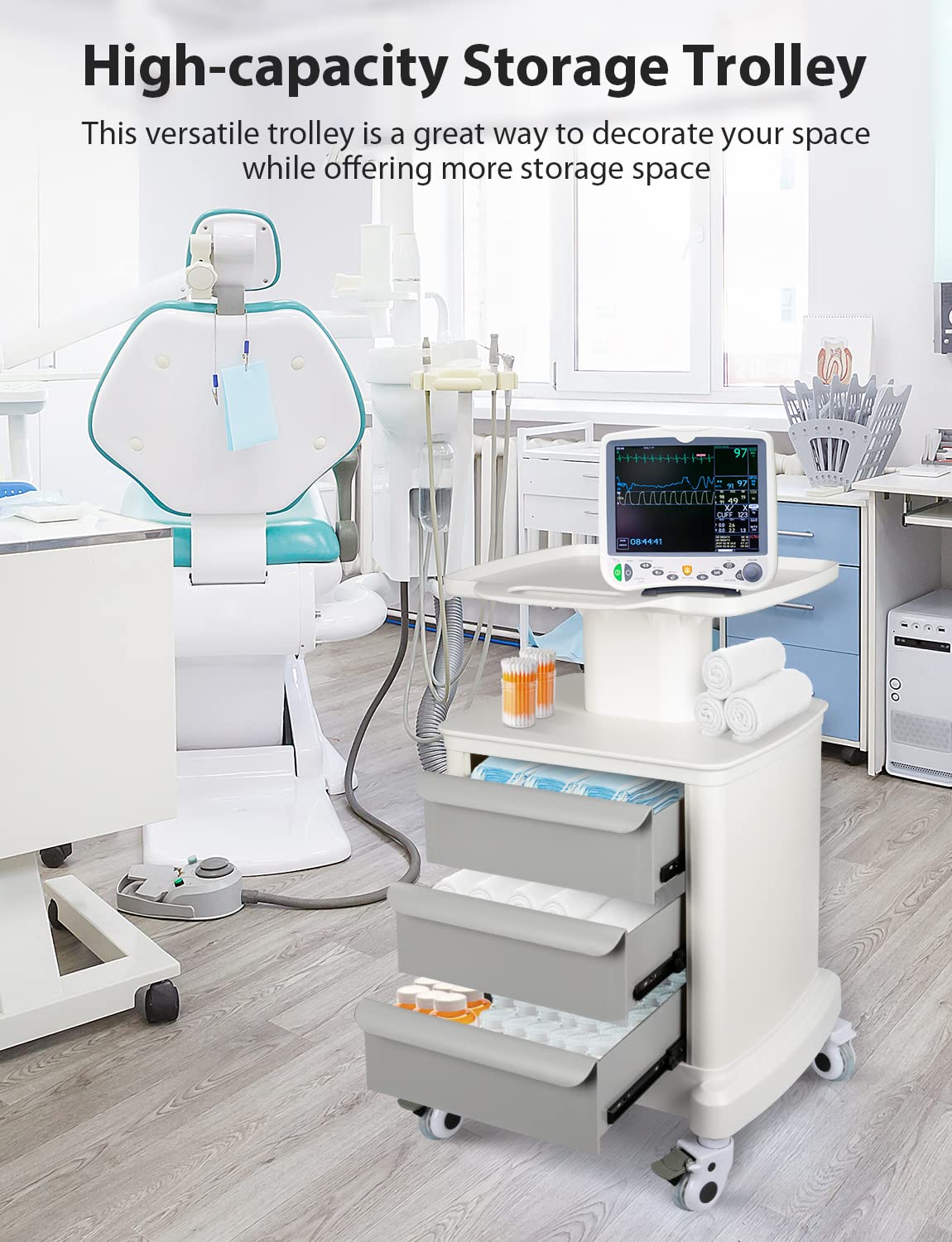 Mobile Trolley Cart for Portable Ultrasound Imaging Scanner Vehicle Trolley Beauty Storage Cart 110 LBS Load with 3 Drawers 4 Wheels for Hospital Office Bedroom Medical Clinic