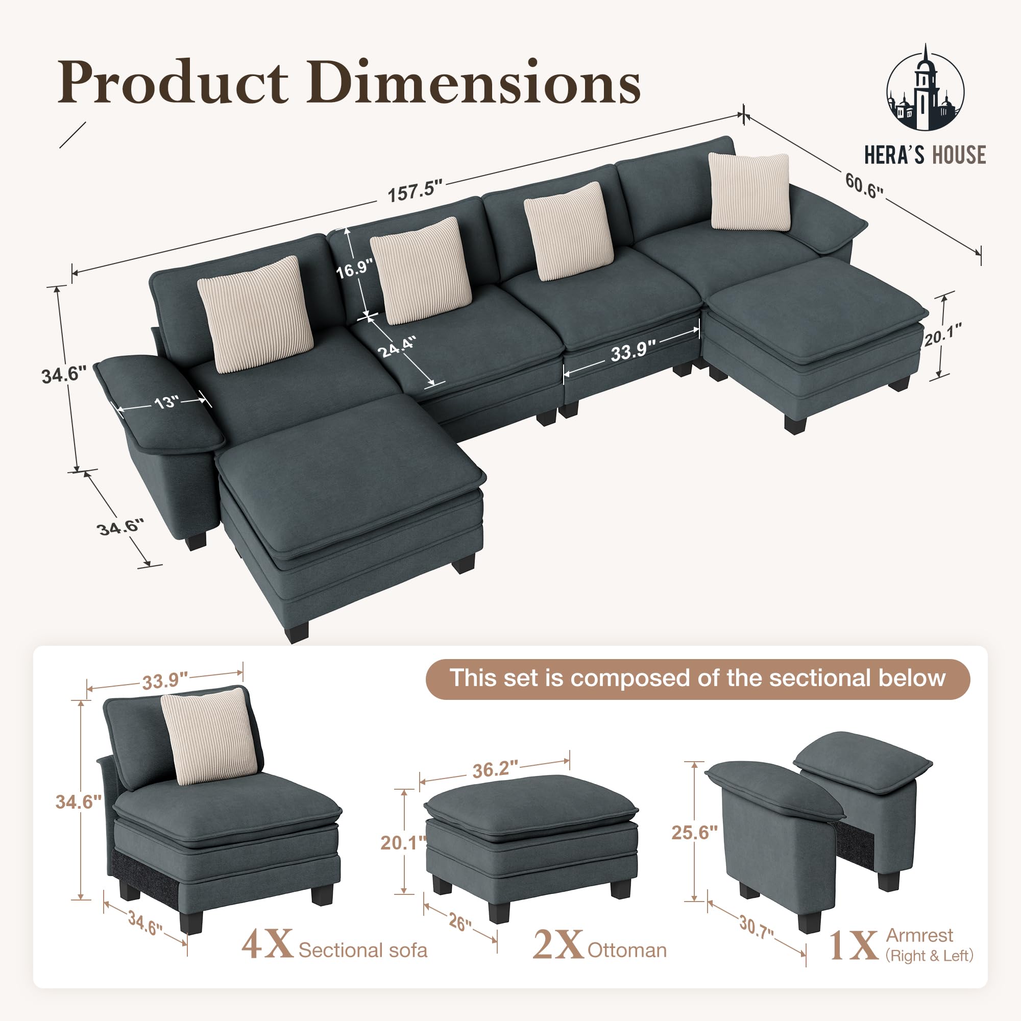 158" Modular Sectional Sofa, Oversized U Shaped Couches for Living Room, Comfy Cloud Couch with Ottoman, 6-Seater Deep Seat Sofa with Throw Pillow, Chenille Blue