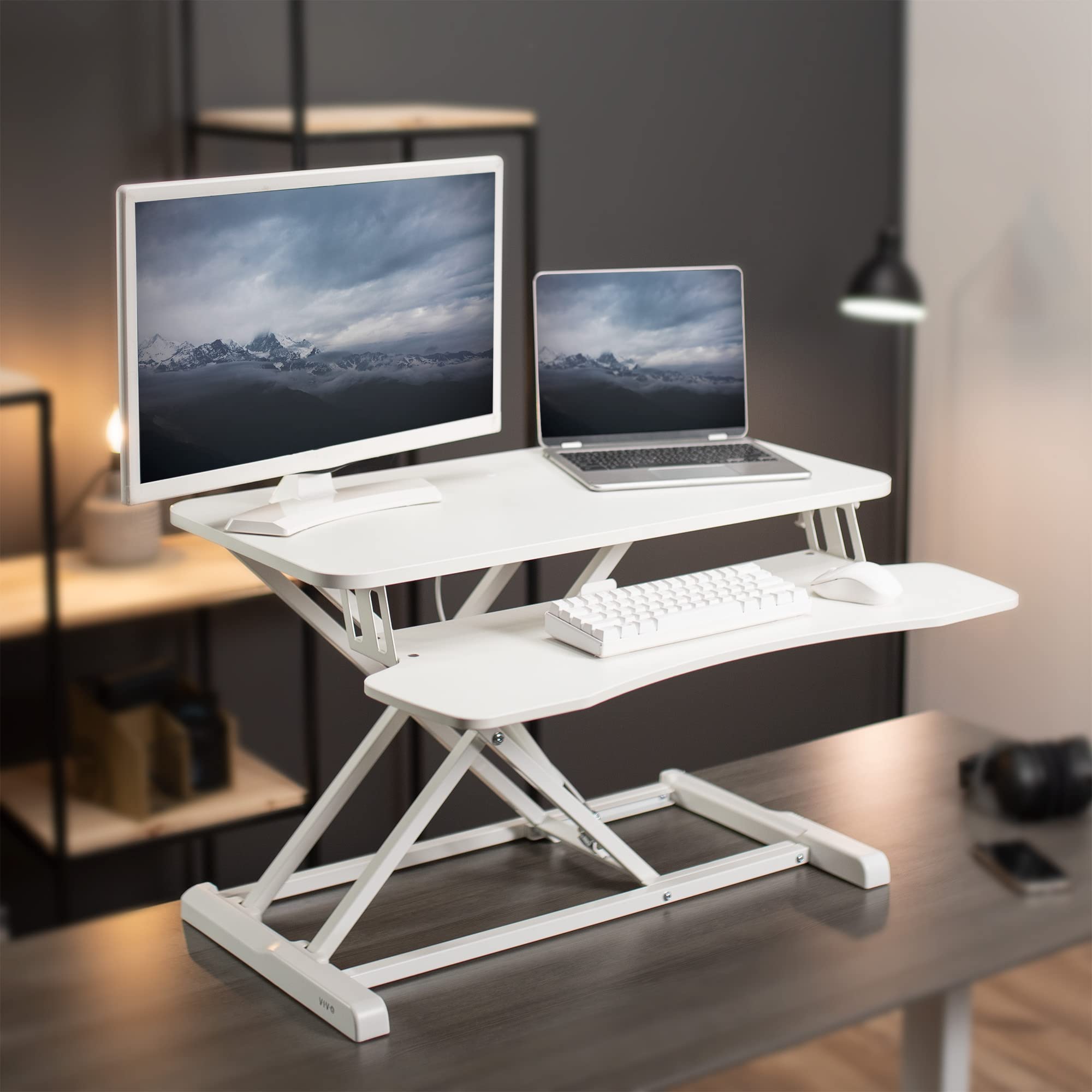 32 inch Desk Converter, K Series, Height Adjustable Sit to Stand Riser, Dual Monitor and Laptop Workstation with Wide Keyboard Tray, White, DESK-V000KW