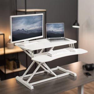 32 inch Desk Converter, K Series, Height Adjustable Sit to Stand Riser, Dual Monitor and Laptop Workstation with Wide Keyboard Tray, White, DESK-V000KW