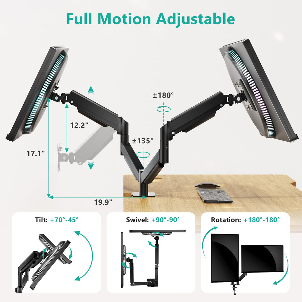 Dual Monitor Mount for 13-27 inch Screens, Dual Monitor Arms for 2 Monitors Holds 19.8 lbs, Adjustable Dual Monitor Stand for Desk, VESA Mount 75x75/100x100mm (GSMP002), Black