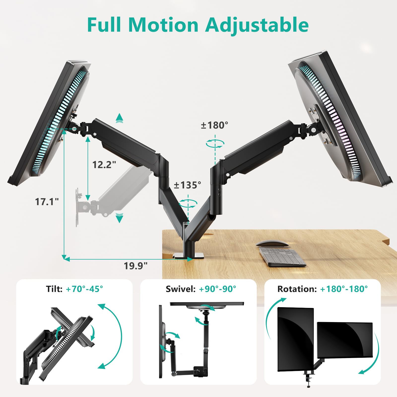 Dual Monitor Mount for 13-27 inch Screens, Dual Monitor Arms for 2 Monitors Holds 19.8 lbs, Adjustable Dual Monitor Stand for Desk, VESA Mount 75x75/100x100mm (GSMP002), Black