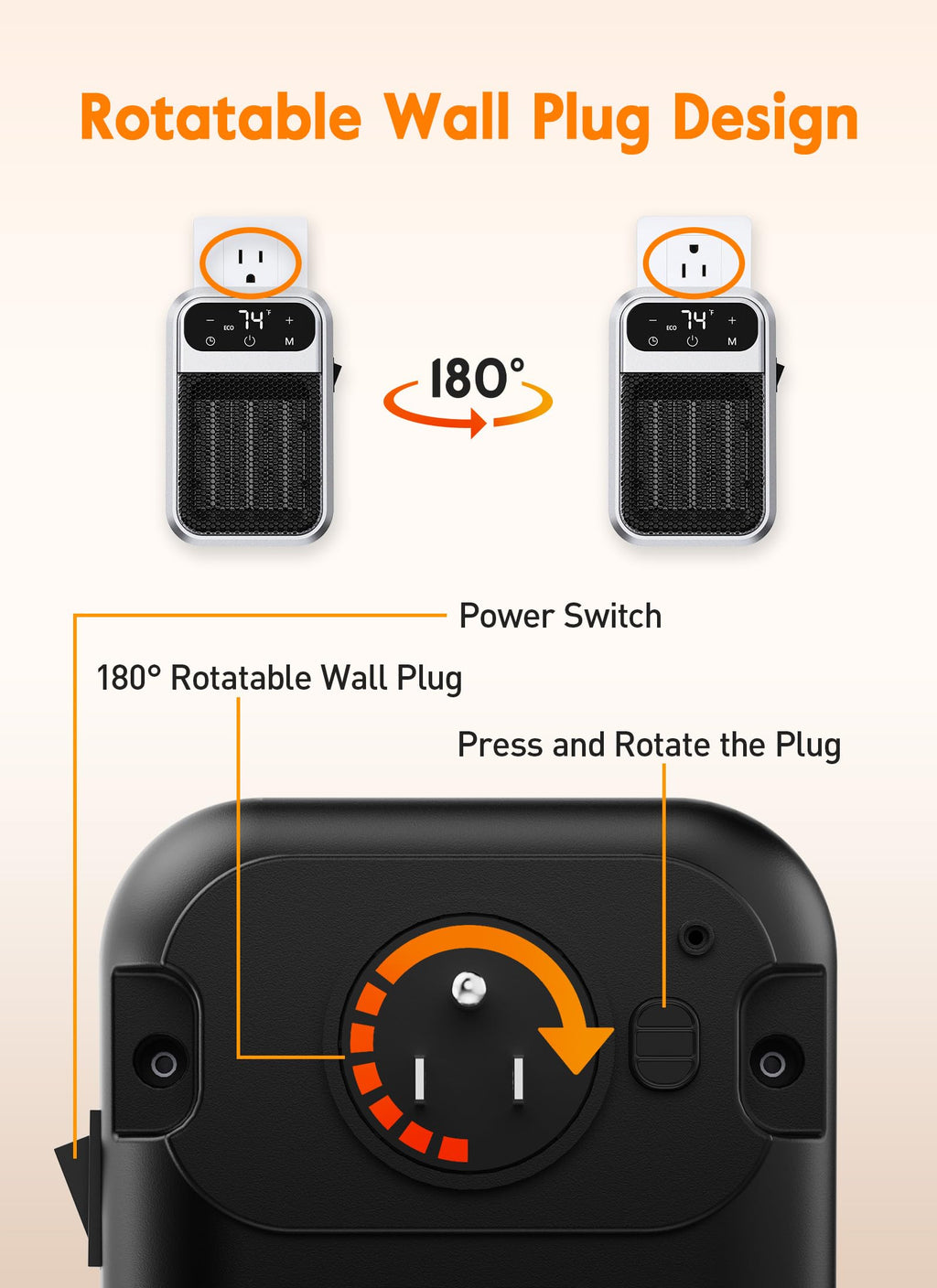 Givebest Cyber 800W Plug in Heater with ECO Mode Save Energy - Portable Outlet Space Heater, Small Electric Wall Heaters for Indoor Use with Adjustable Thermostat and 12H Timer for Bathroom Home