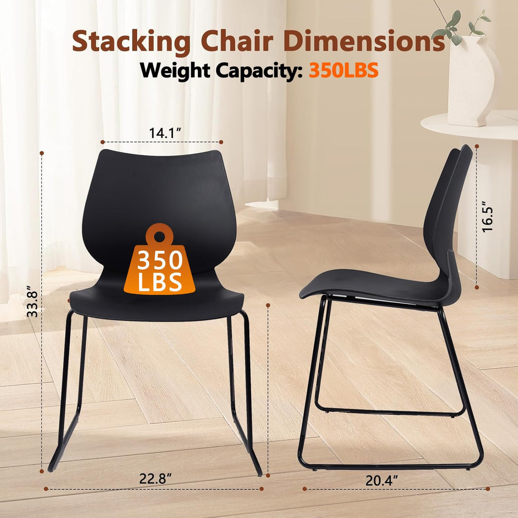 Set of 12, Black, Stackable Waiting Room Chair, Stacking Office Chair with Ergonomic Lumbar Support and Metal Legs, Plastic Desk Chairs for Conference School Church Guest Reception