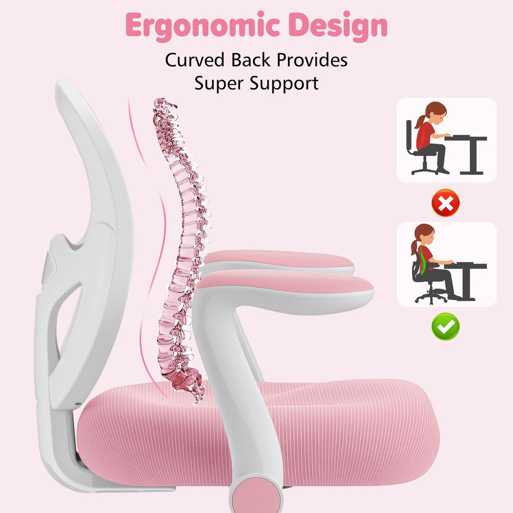 Kids Desk Chair Ergonomic Study Chair with Flipped Armrest and Footrest Adjustable Height Swivel Kids Computer Chair Mesh Desk Chair for Boys Girls Children at Home Bedroom Study Room Pink
