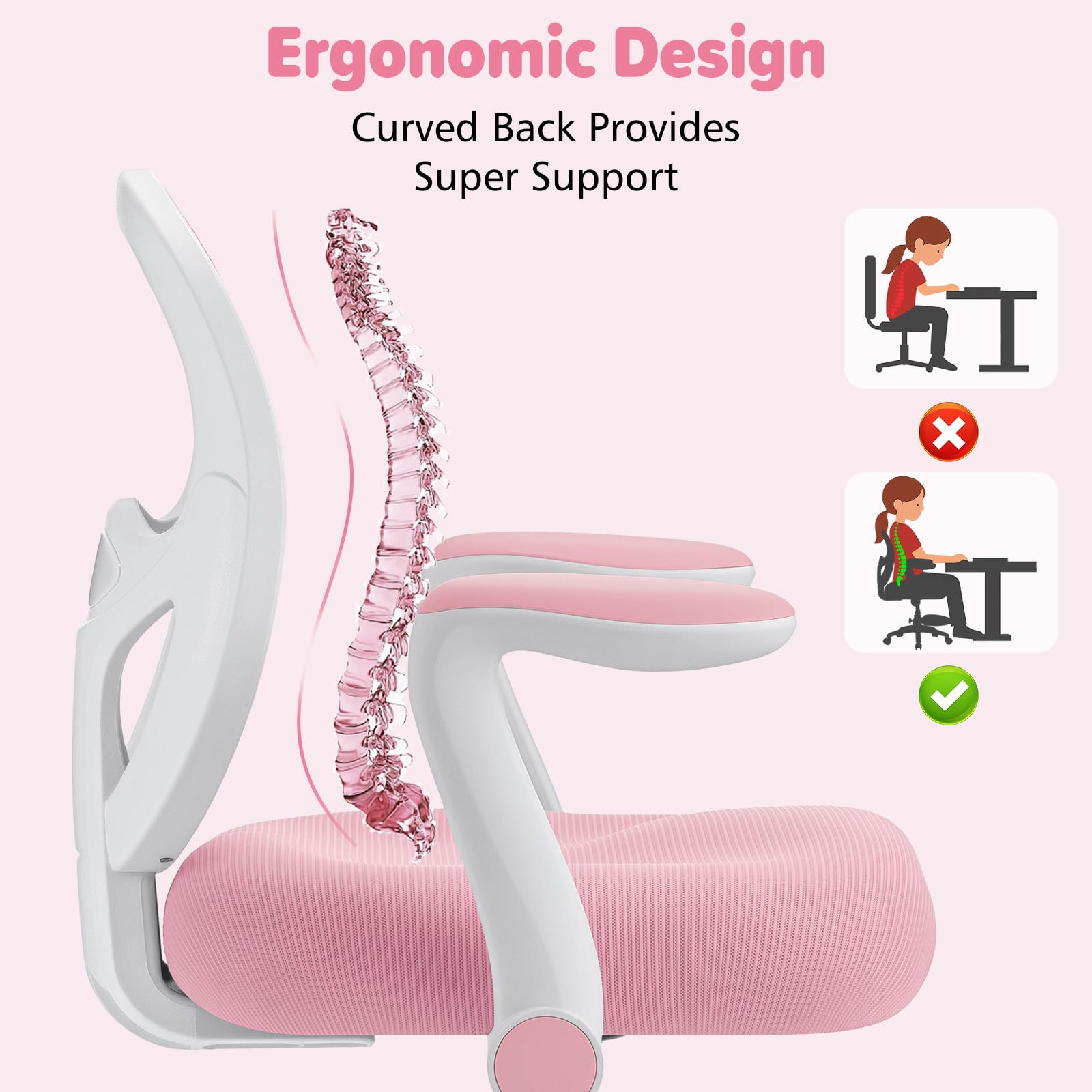 Kids Desk Chair Ergonomic Study Chair with Flipped Armrest and Footrest Adjustable Height Swivel Kids Computer Chair Mesh Desk Chair for Boys Girls Children at Home Bedroom Study Room Pink