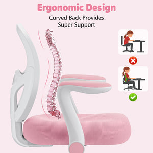 Kids Desk Chair Ergonomic Study Chair with Flipped Armrest and Footrest Adjustable Height Swivel Kids Computer Chair Mesh Desk Chair for Boys Girls Children at Home Bedroom Study Room Pink