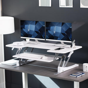 48 inch Height Adjustable Large Stand Up Desk Converter, V Series, Quick Sit to Stand Tabletop Dual Monitor Riser Workstation, White, DESK-V048VW