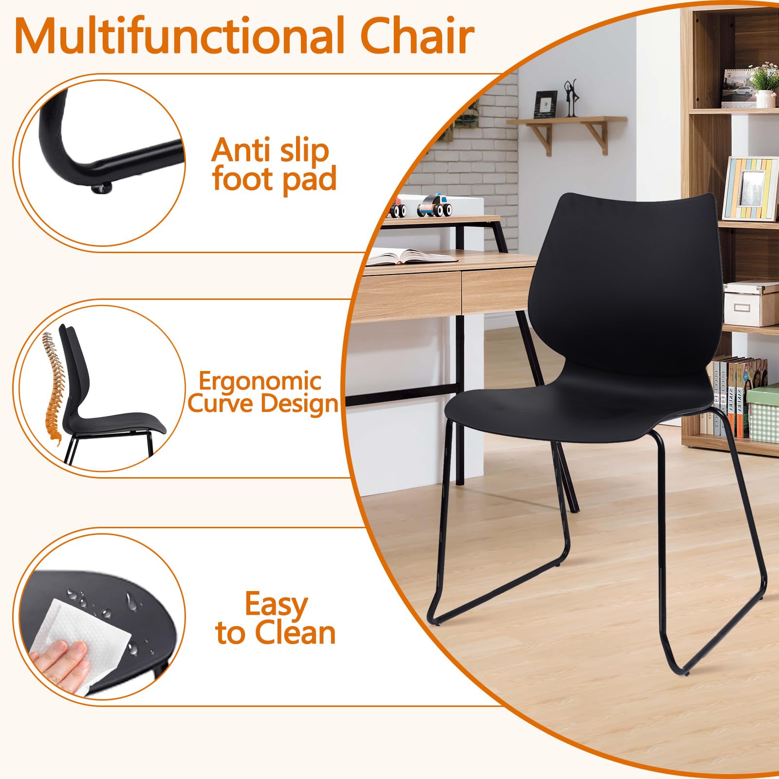 Set of 4, Black, Stackable Waiting Room Chair, Stacking Office Chair with Ergonomic Lumbar Support and Metal Legs, Plastic Desk Chairs for Conference School Church Guest Reception