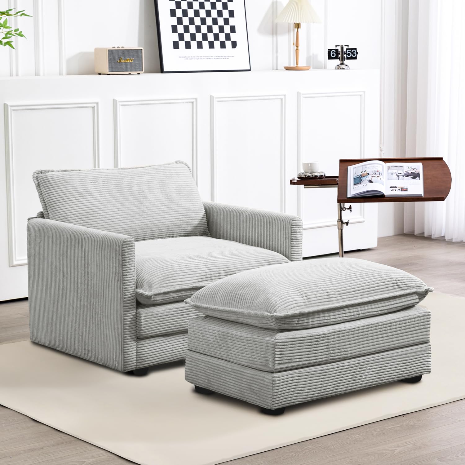 Single Armchair with Ottoman, Modern Corduroy Cloud Couch with Convertible Chaise, Upholstered Sofa Set for Living Room, Light Grey
