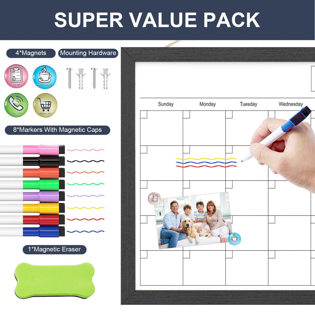 Dry Erase Calendar for Wall, 17x13 Inches Calendar Whiteboard for Wall, Small Magnetic Monthly White Board with Wood Framed, Hanging Dry Erase Board for Kitchen Home Office School Planner