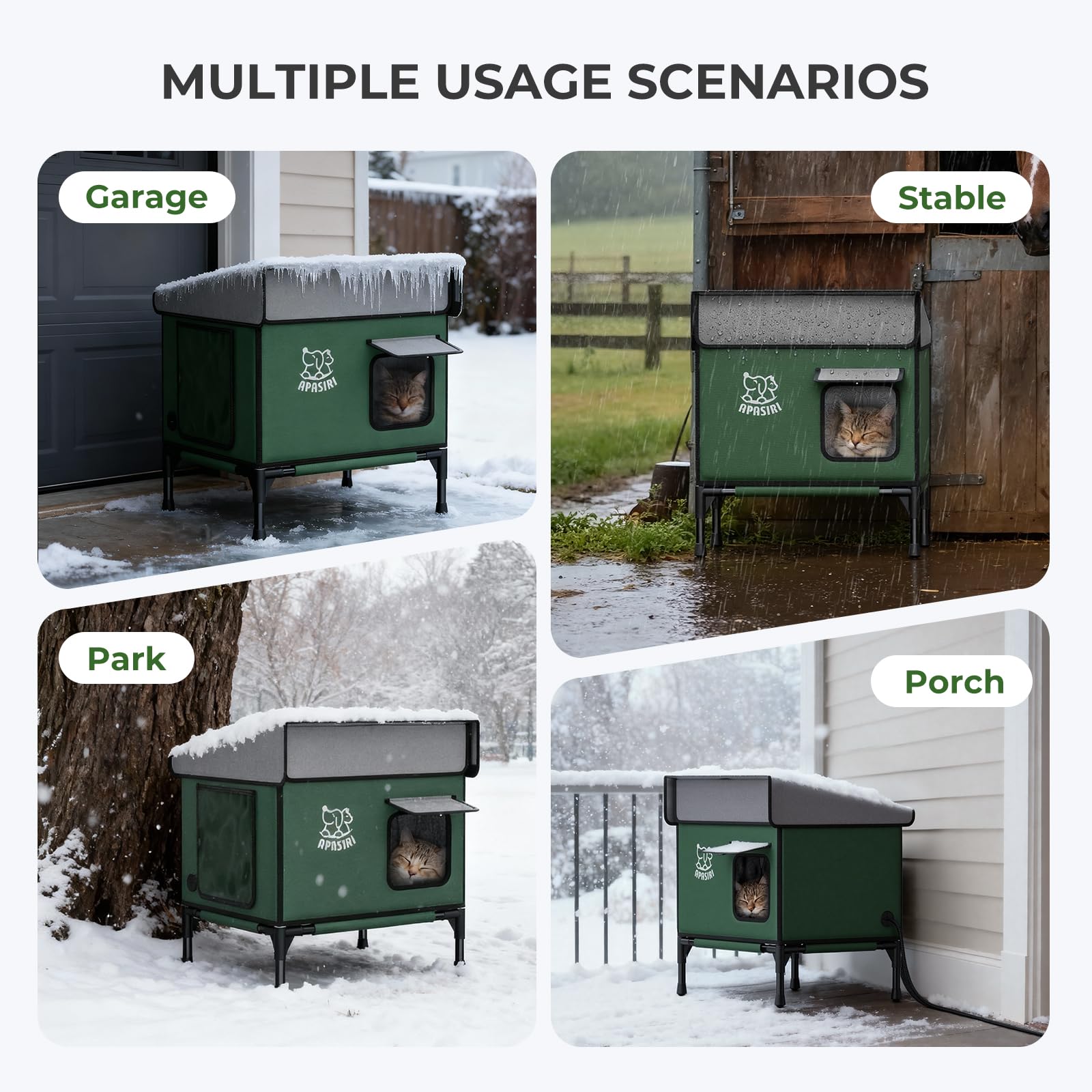 Heated Cat House for Outdoor: Weatherproof Outside Cat Shelter, Insulated Cat House Outdoor with Heated Pad, Sloping Roof & Escape Door, Elevated Base for Stray Cats, Large