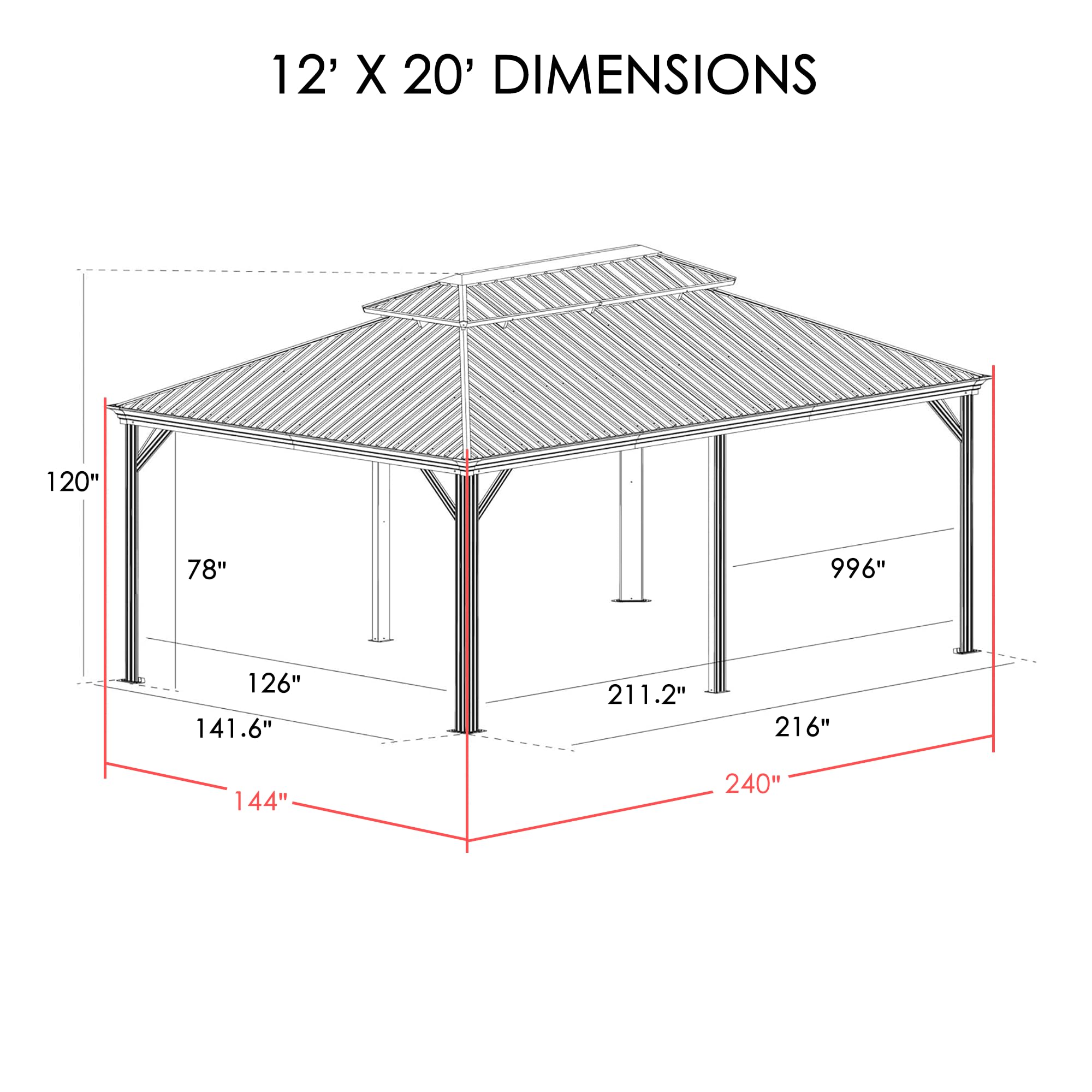 12' x 20' Hardtop Gazebo, Aluminum Frame with Galvanized Steel Double Roof, Outdoor Permanent Pavilion with Curtains and Netting for Patio, Backyard, Deck, Lawn (Brown)
