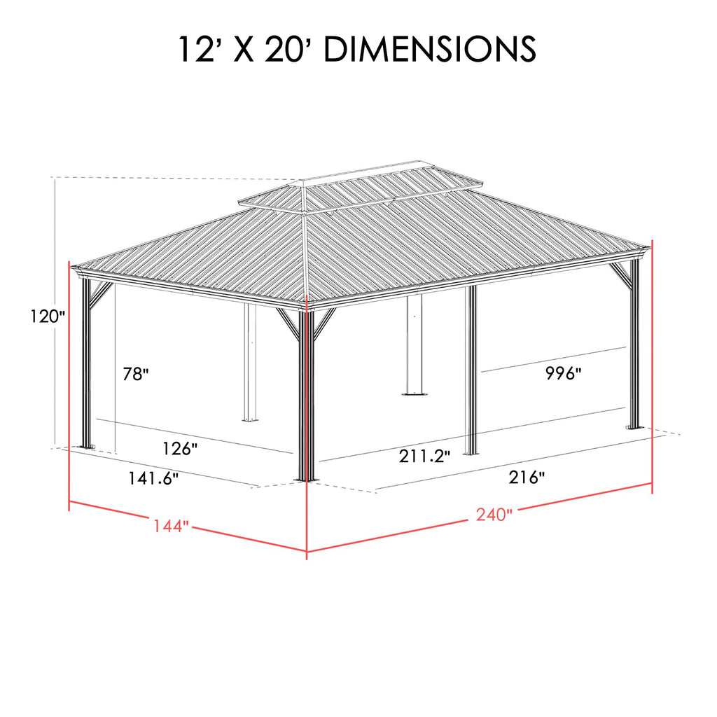 12' x 20' Hardtop Gazebo, Aluminum Frame with Galvanized Steel Double Roof, Outdoor Permanent Pavilion with Curtains and Netting for Patio, Backyard, Deck, Lawn (Brown)