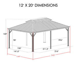 12' x 20' Hardtop Gazebo, Aluminum Frame with Galvanized Steel Double Roof, Outdoor Permanent Pavilion with Curtains and Netting for Patio, Backyard, Deck, Lawn (Brown)