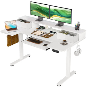 U Shaped Electric Standing Desk with Drawers, 55 Inch Height Adjustable Desk with Keyboard Tray ＆ Ergonomic Monitor Stand, Sit Stand Table with Power Outlets for Home, Office, White