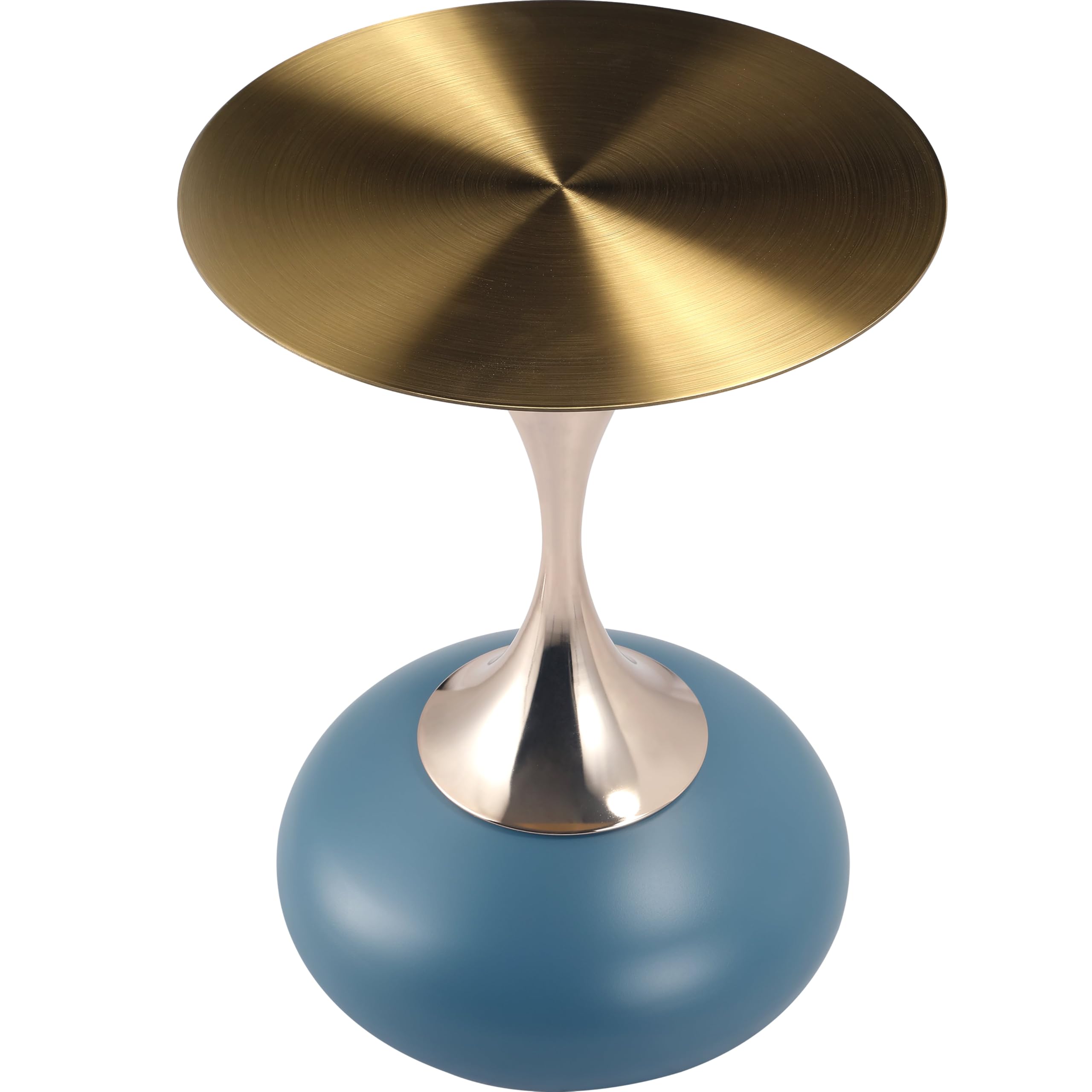 Modern Round Side Table with Gold Stainless Steel Top, Gold Pedestal Stem & Glossy Base, Accent End Table for Living Room, Bedroom, or Small Spaces, 17.7" × 21.6", Blue