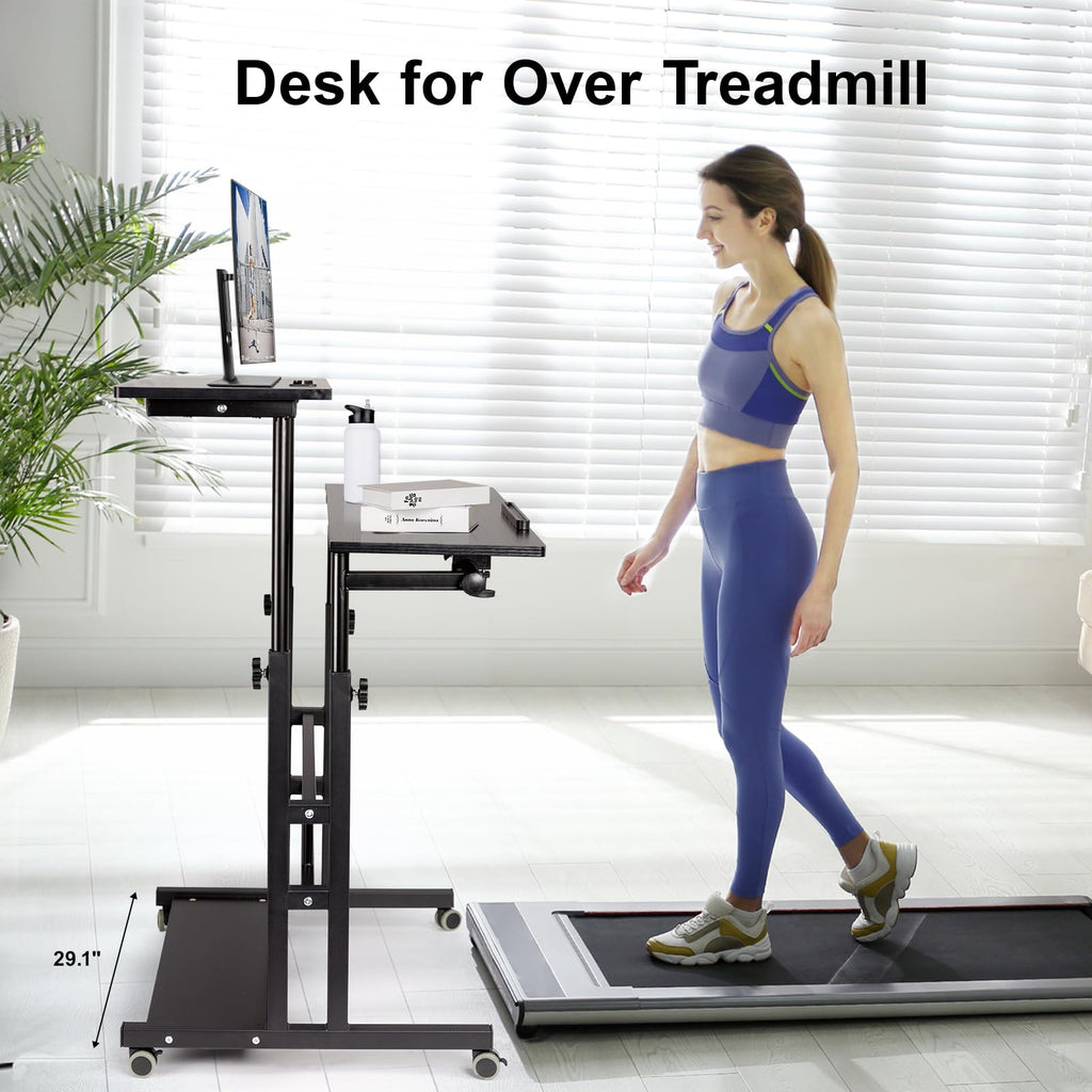 Stand Up Desk, Rolling Desk Adjustable Height, Mobile Standing Desk with Wheels & Charging Station, Portable Stand for Laptop, Rolling Computer Cart TV Tray, Small Standing Desk Drawing Table