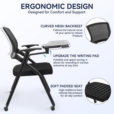 Ergonomic Foldable Office Chair with Breathable Mesh Back, Stackable Conference Chair - PU Wheels & Armrest for Guest, Meeting, Reception (Black) (Black-A)