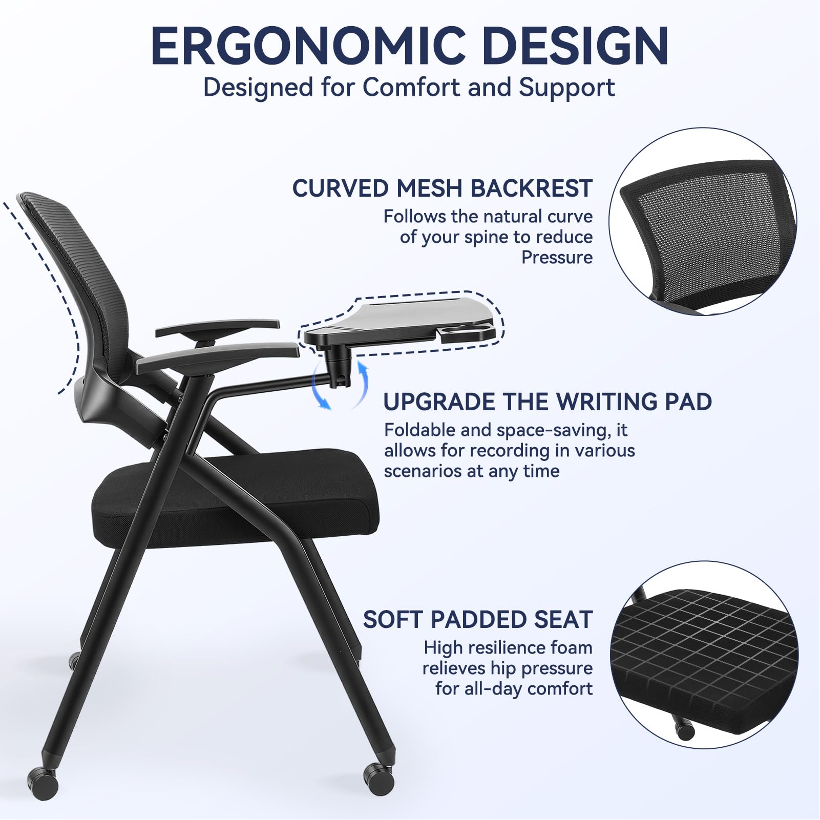 Ergonomic Foldable Office Chair with Breathable Mesh Back, Stackable Conference Chair - PU Wheels & Armrest for Guest, Meeting, Reception (Black-A2)