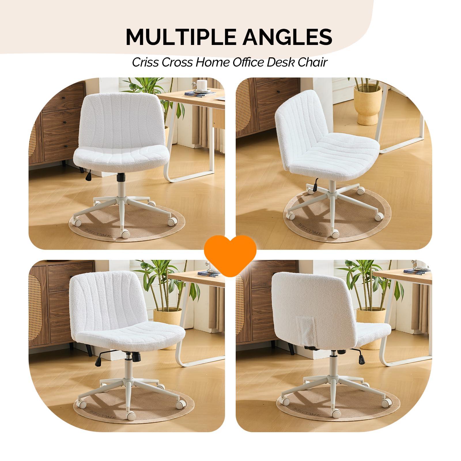 Criss Cross Legged Chair,Wide Comfy Office Desk Chair,Dual-Use with/no Wheels Computer Task Chair,Swivel Armless Vanity Boucle Chair for Study,Make Up,Home Office,Teddy Fleece,White