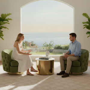Set of 2 Modern Accent Chairs, Swivel Barrel Armchairs for Living Room, Button Tufted Velvet Comfy Chair, Round Upholstered Single Sofa Seating with Gold Base, Green