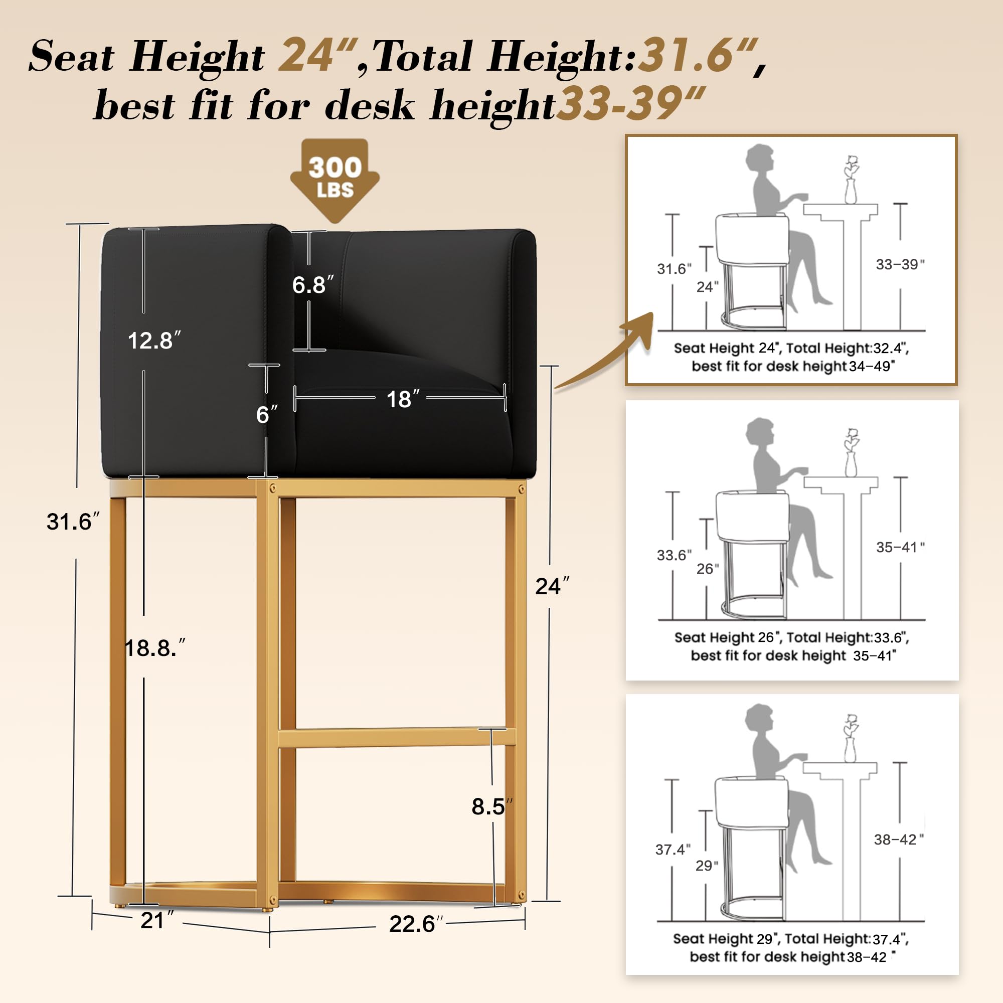 Modern Counter Height Bar Stools,Bar Stools Set of 4,PU Leather Upholstered Barrel Barstools with Backs,24'' Kitchen Island Chairs,Metal Gold Frames,Ink Black Leather