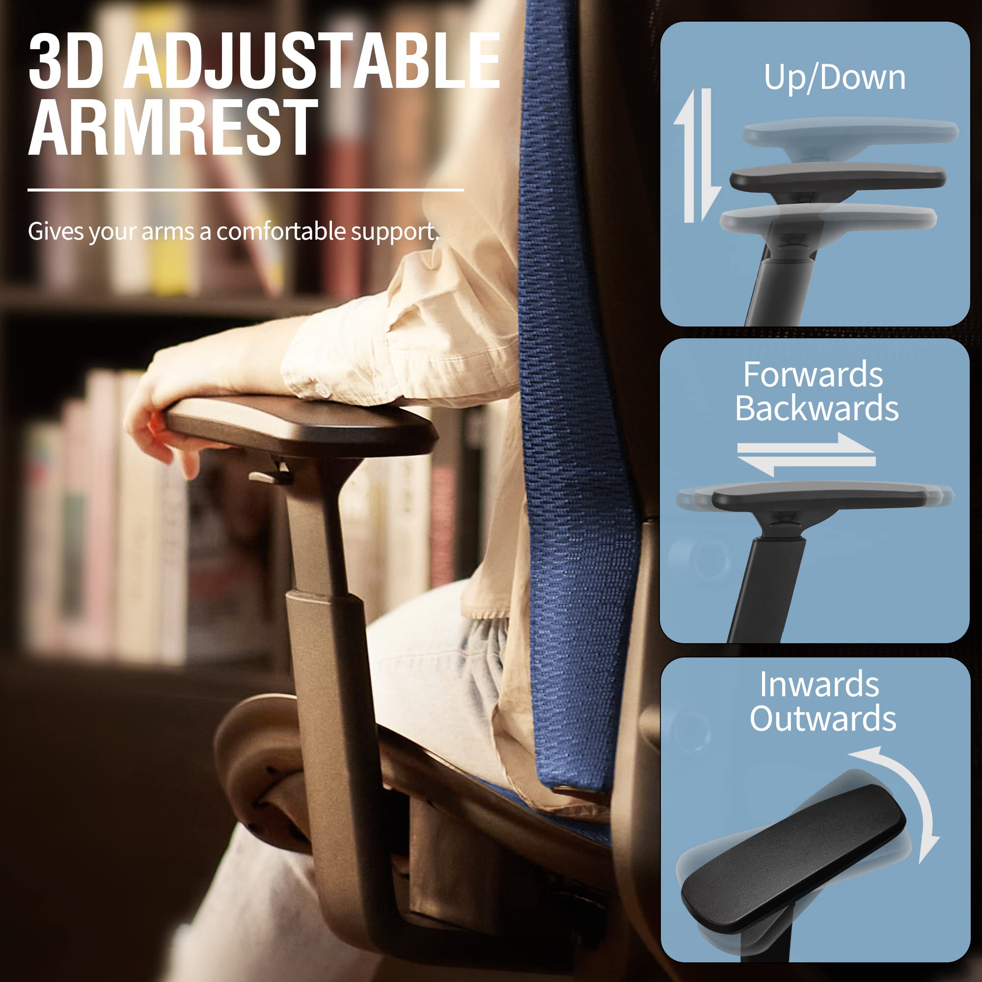 Office Chair,Ergonomic Computer Desk Chair,Sturdy Task Chair- Adjustable Lumbar Support & Armrests,Tilt Function,Comfort Wide Seat,Swivel Home Office Chair (Blue)