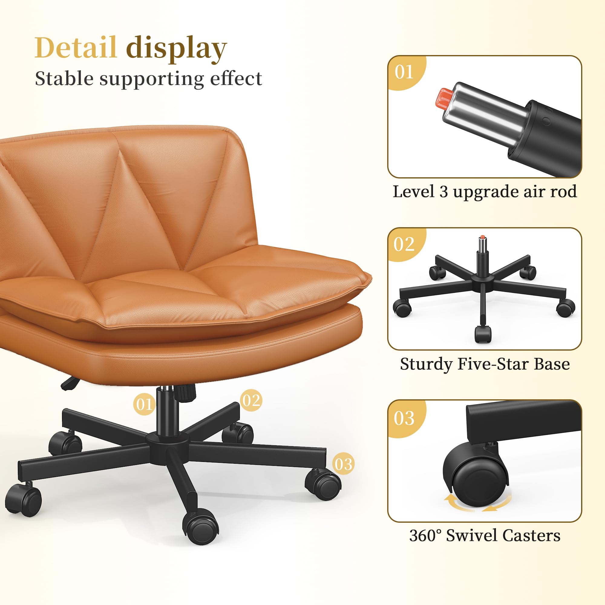 Criss Cross Chair with Wheels,Cross Legged Office Chair with 2 Layer Cushion,Comfy Wide Seat,Adjustable,Leather,Amless, for Home,Office,Bed Room Vanity,Orange