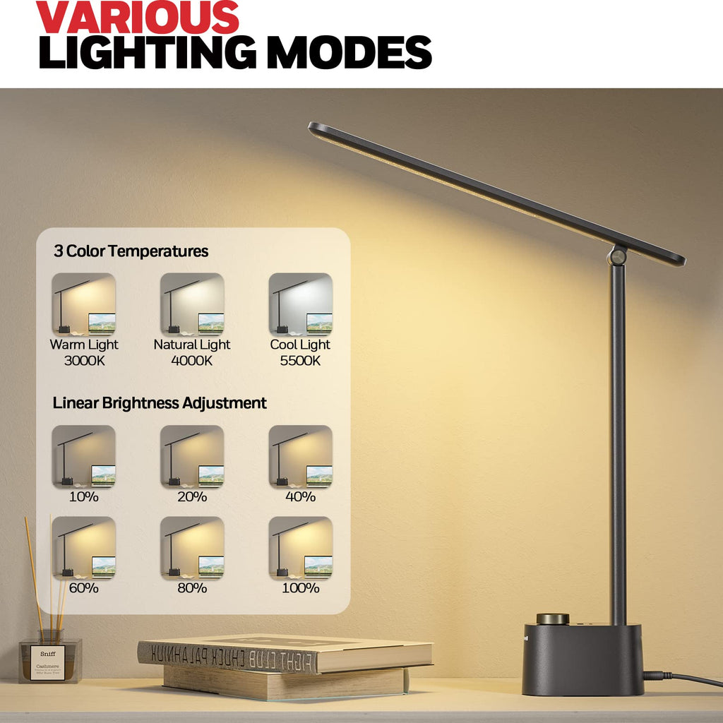 LED Desk Lamp with USB Charging Ports HWT-H01 - Stepless Dimmable Eye Caring Desk Light for Home Office Bedroom Bedside College Dorm, Foldable Table Lamp Reading Lamp Black