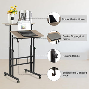 Mobile Standing Desk with Charging Station, Adjustable Standing Computer Desk, Standing Adjustable Laptop Cart with Wheels for Home Office Classroom Light Grey