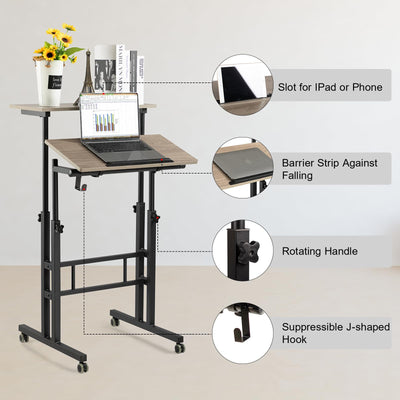 Mobile Standing Desk with Charging Station, Adjustable Standing Computer Desk, Standing Adjustable Laptop Cart with Wheels for Home Office Classroom Light Grey
