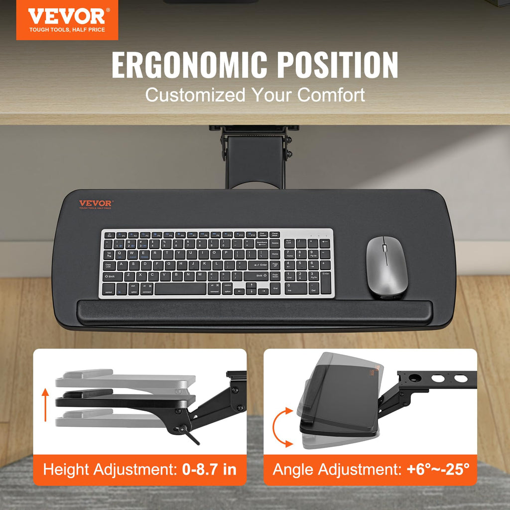 Under-Desk Keyboard Tray, Adjustable for Height and Tilt, Slide-Out Design, Spacious 25x9.8 Inch Surface, Ideal for Home and Office Use