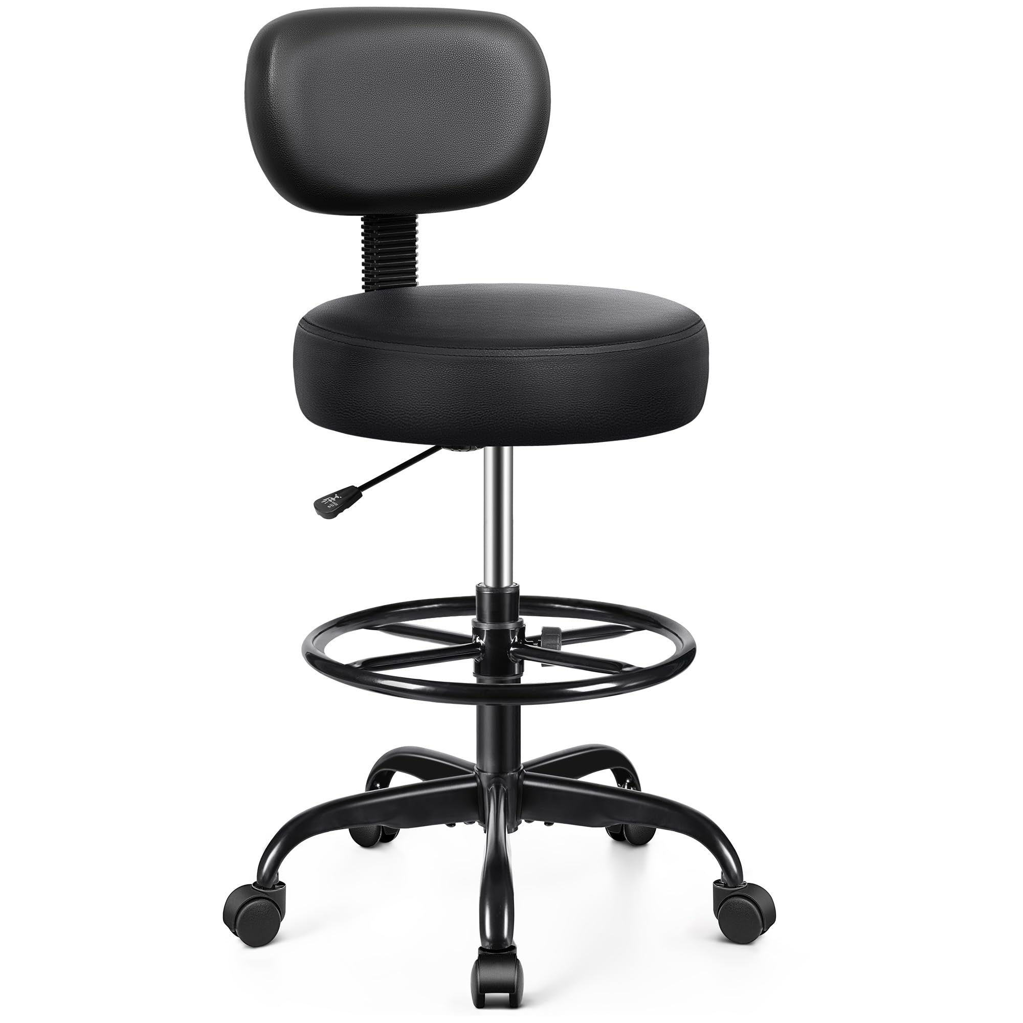 Drafting Chair with Backrest – Adjustable Foot Rest Rolling Stool with Wheels, PU Leather Swivel Stool for Office Spa Studio Lab Counter Salon Home Work Bar Kitchen Shop(Black)