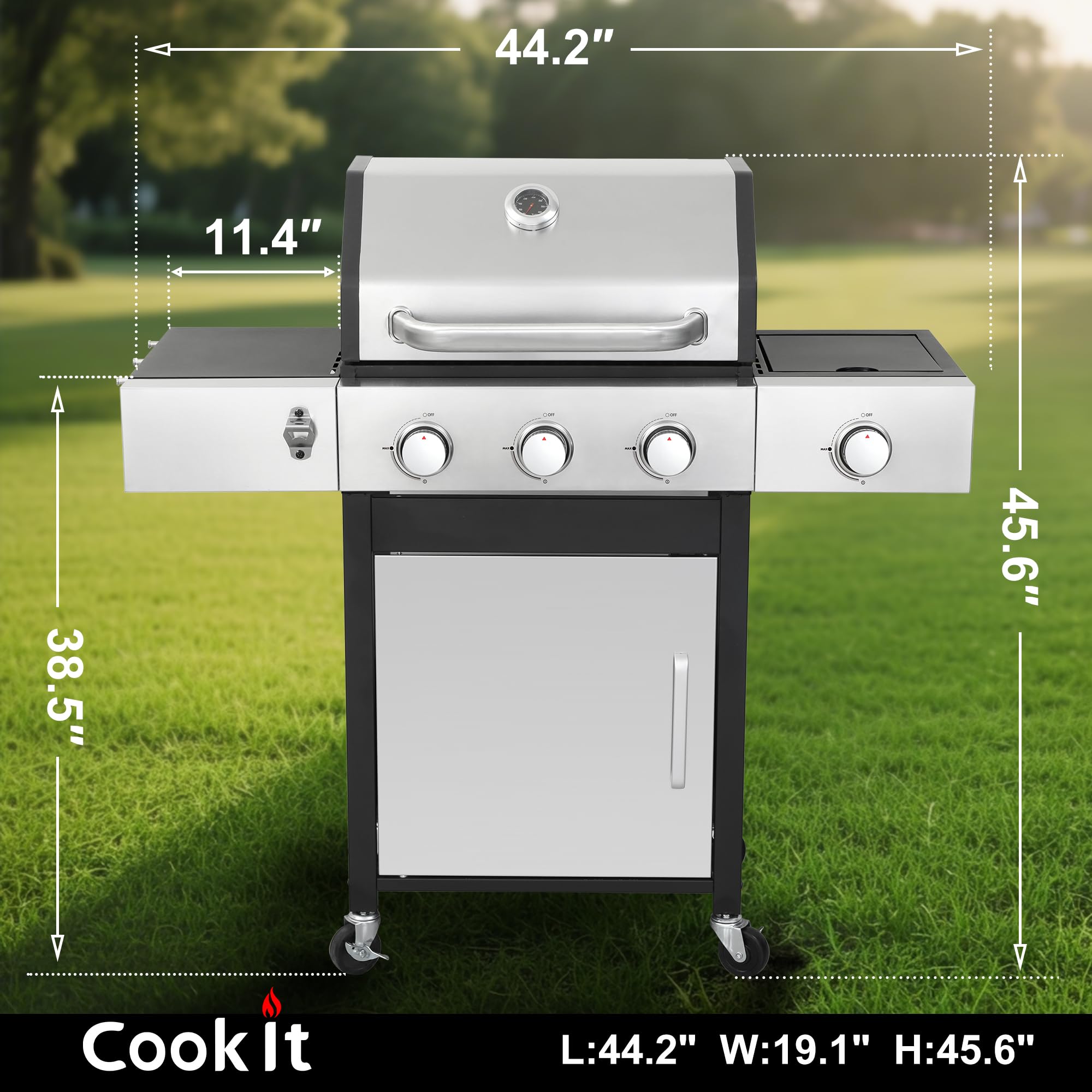 39000 BTU Output Propane Gas Grill with Side Burner and 3 Main Burners - Double-layer Stainless Steel Lid, Cast Iron Grids, Easy-Clean Grease Management & Even Heat Distribution for Perfect BBQs