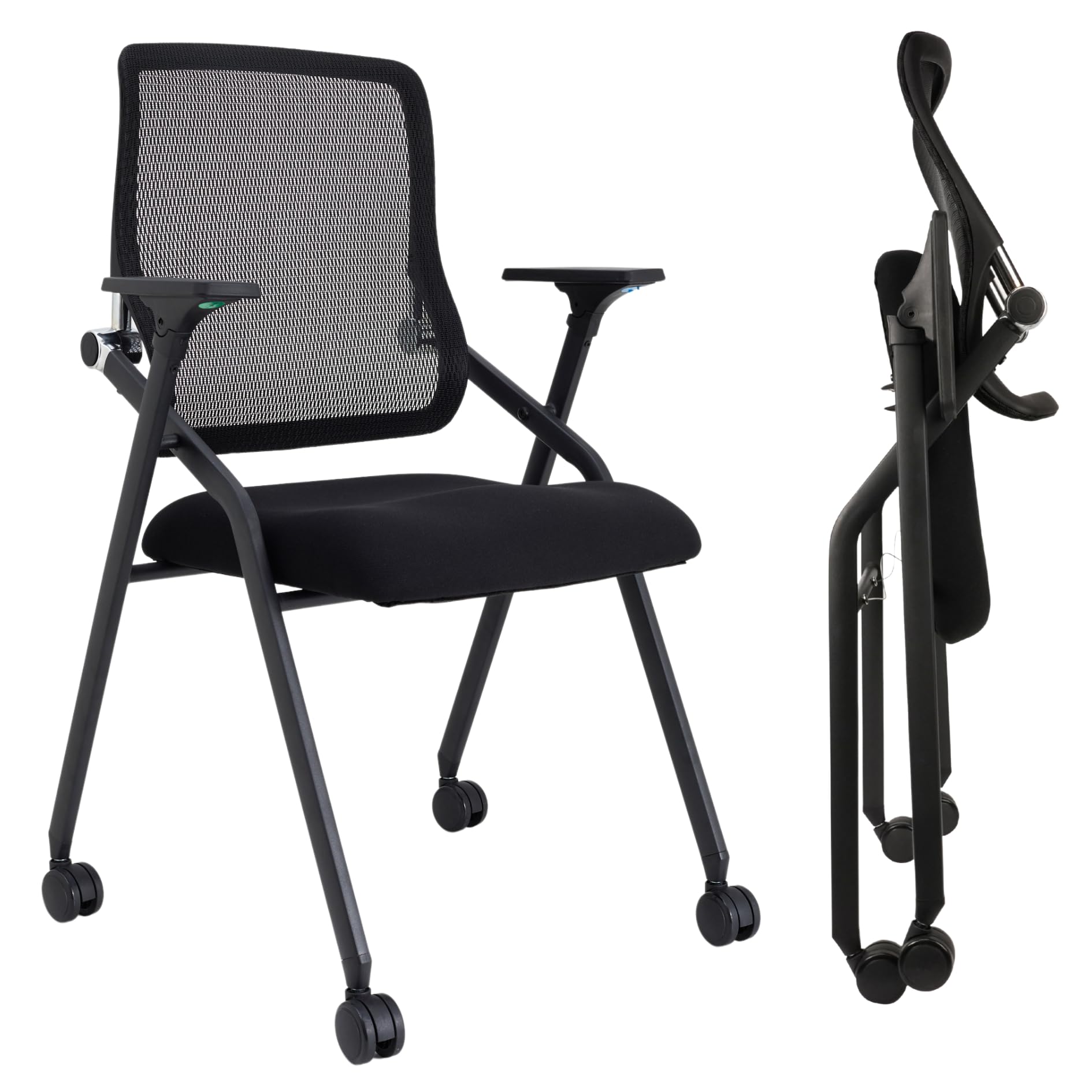 10 Pack Black, Updated Conference Room Chairs, Folding Office Desk Chair with Lumbar Support and Sliding Armrest with Casters, Stackable Office Guest Chairs & Reception Chairs