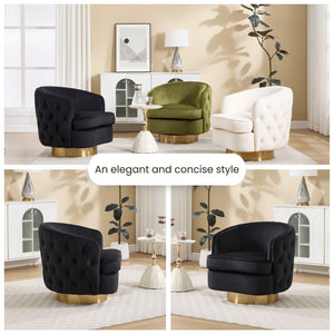 360 Degree Swivel Barrel Accent Chair, Modern Tufted Velvet Upholstered Round Arm Chair with Tall Backrest, Side Reading Seat Single Sofa for Living Room, Black