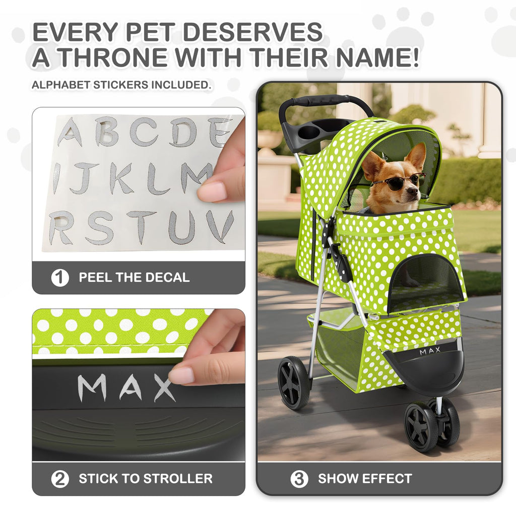 3 Wheels Pet Dog Cat Stroller for Small Medium Dogs Cats, Foldable Jogger Stroller w/Storage Basket and Cup Holder, Lawn Green Polka Dots