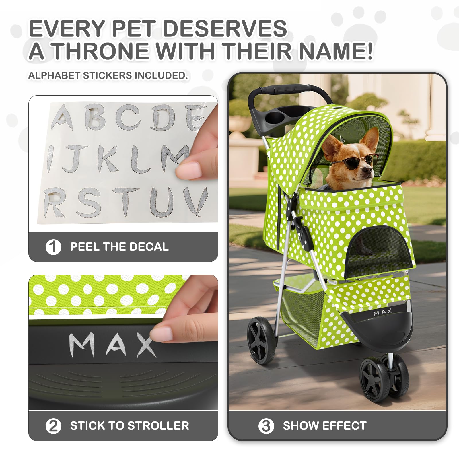 3 Wheels Pet Dog Cat Stroller for Small Medium Dogs Cats, Foldable Jogger Stroller w/Storage Basket and Cup Holder, Lawn Green Polka Dots