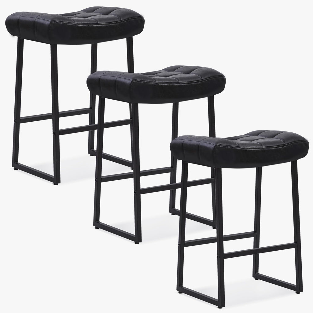 Black Bar Stools Set of 3 for Kitchen Island Counter Height Stools Modern Backless Barstools with Upholstered Faux Leather Saddle Seat and Metal Frame Industrial Bar Chairs, 24 inch