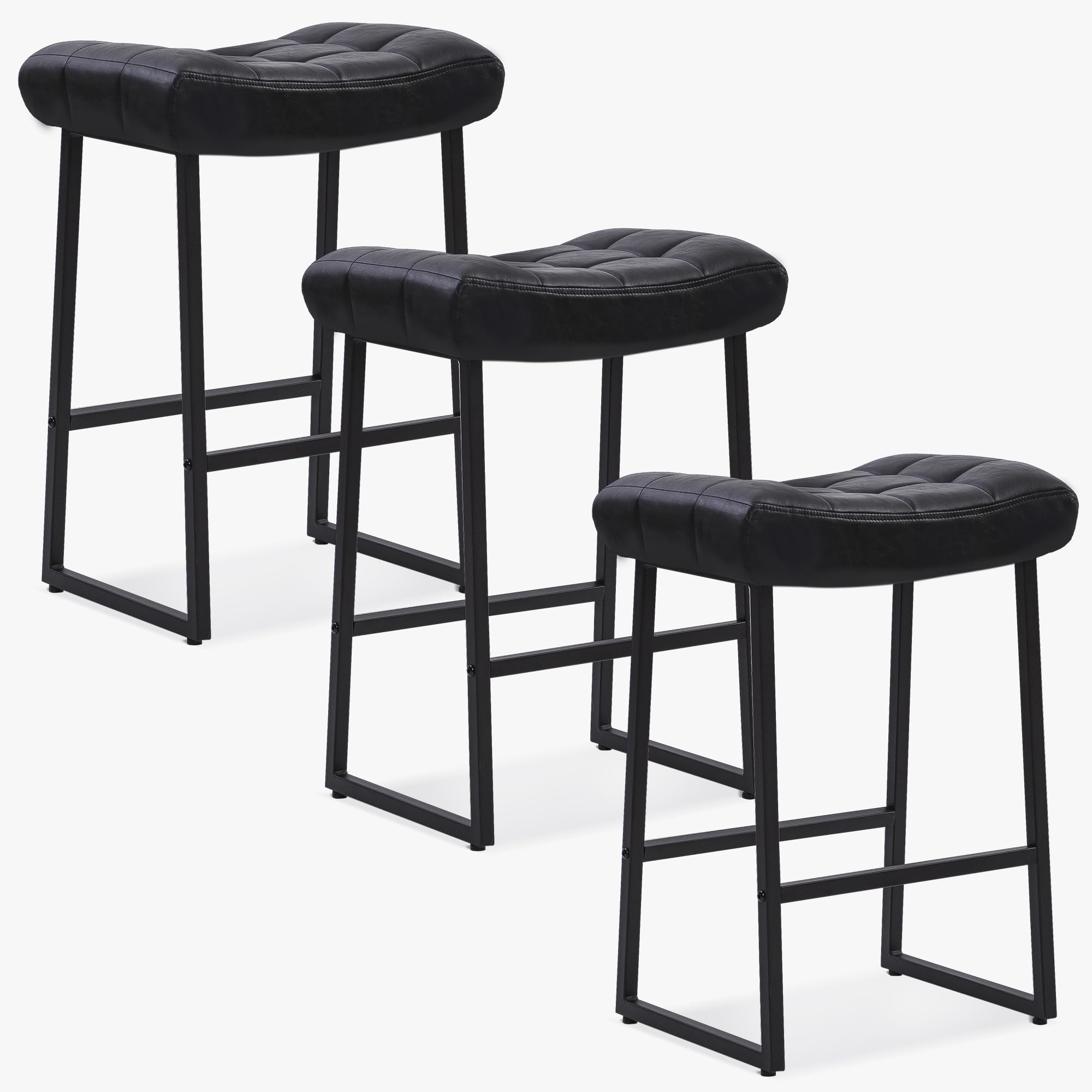 Black Bar Stools Set of 3 for Kitchen Island Counter Height Stools Modern Backless Barstools with Upholstered Faux Leather Saddle Seat and Metal Frame Industrial Bar Chairs, 24 inch