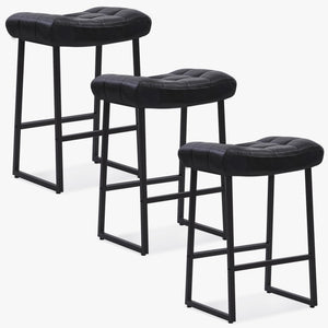 Black Bar Stools Set of 3 for Kitchen Island Counter Height Stools Modern Backless Barstools with Upholstered Faux Leather Saddle Seat and Metal Frame Industrial Bar Chairs, 24 inch