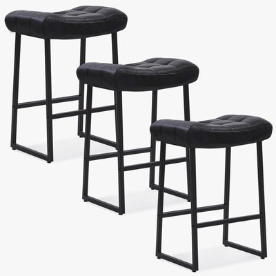 Black Bar Stools Set of 3 for Kitchen Island Counter Height Stools Modern Backless Barstools with Upholstered Faux Leather Saddle Seat and Metal Frame Industrial Bar Chairs, 24 inch