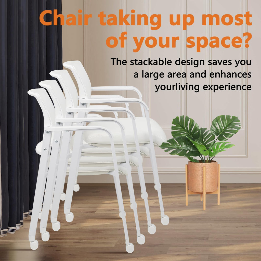Stacking Office Chairs with Wheels | Mesh Back, Thicken Leather Seat and Streamline Armrests, Ergonomic Lumber Support | School, Desk, Guest Reception, Waiting, Conference, White