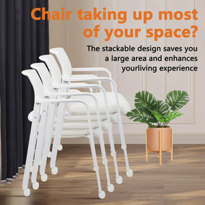 Stacking Office Chairs with Wheels | Mesh Back, Thicken Leather Seat and Streamline Armrests, Ergonomic Lumber Support | School, Desk, Guest Reception, Waiting, Conference, White