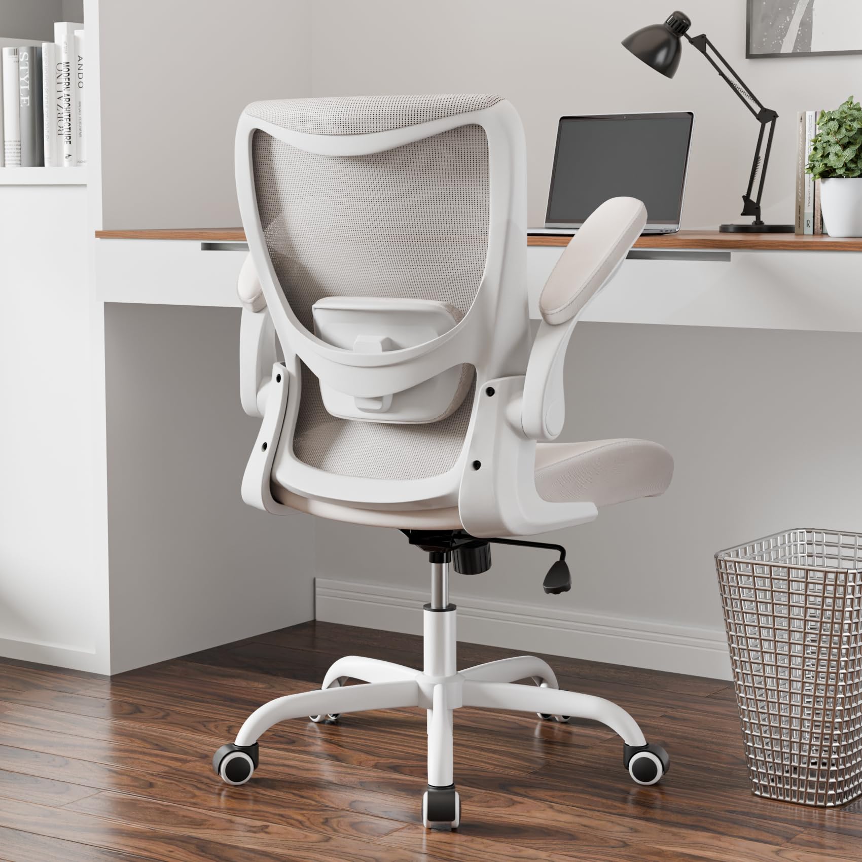 Office Chair, PU Leather Ergonomic Desk Chair with Adjustable Lumbar Support and Flip up Armrest, Breathable Mesh Computer Chair for Home Office, Khaki