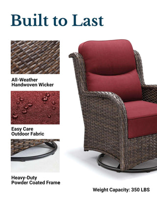 Luxury Patio Furniture Set with 6-inch Thick Cushion, Outdoor High Back Swivel Rocker Patio Chairs, 3PCS Wicker Conversation Set for Deck Yard and Poolside, Burgundy (V2)