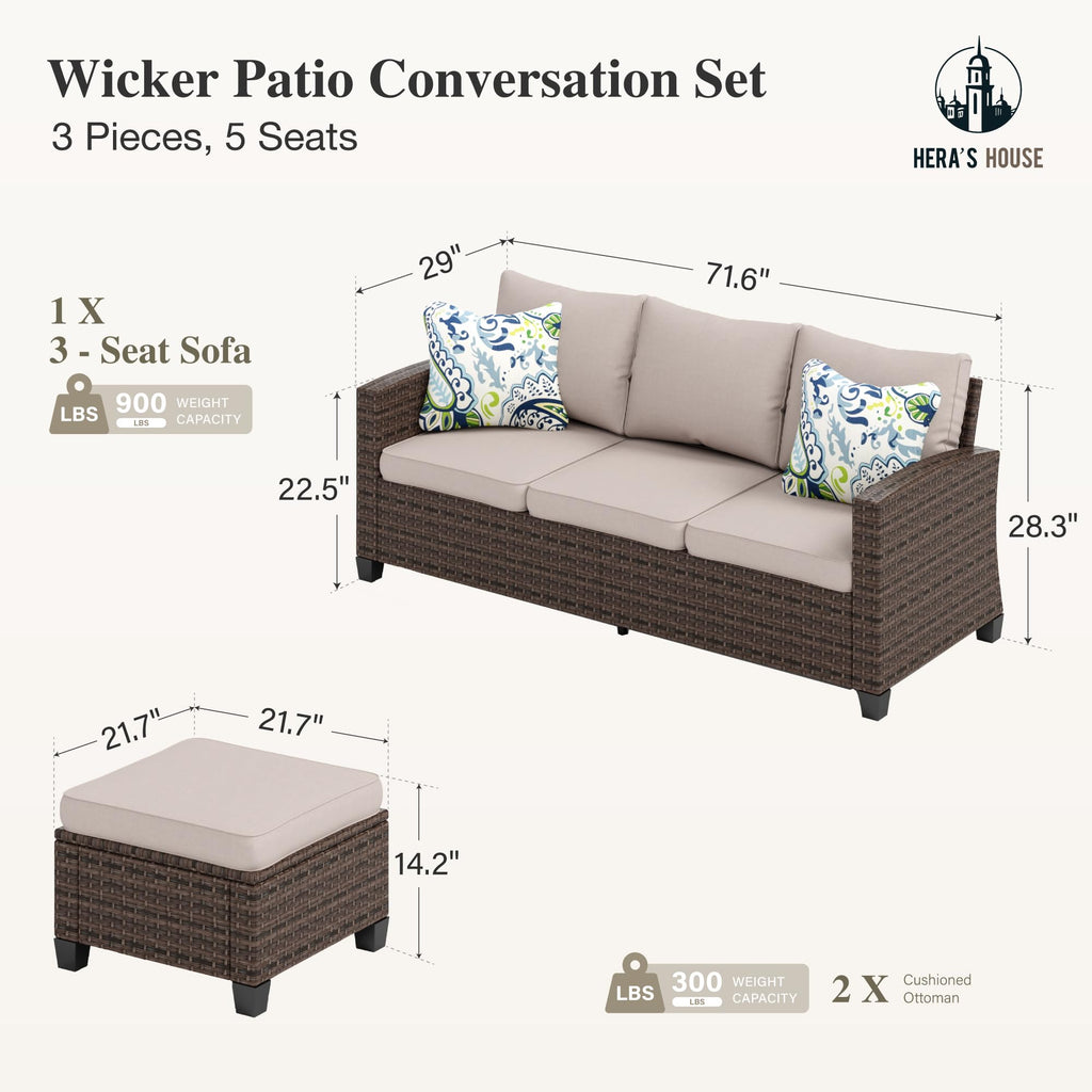 Small Patio Furniture Set, 3 Pieces Wicker Outdoor Sectional Set, L-Shaped Patio Couch Set, Modular Rattan Conversation Set with Lounge Sofa and Ottomans for Deck Lawn Garden, Beige