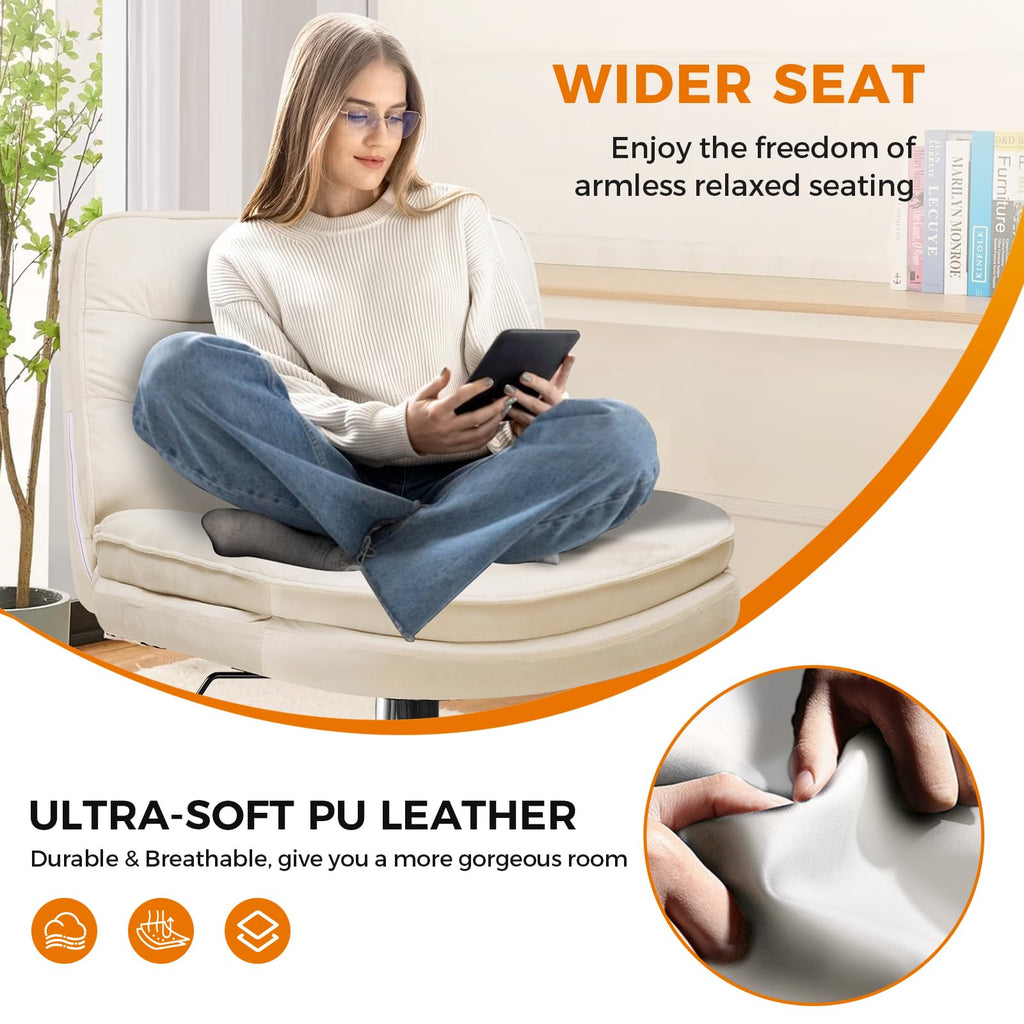 Criss Cross Chair with Wheels Armless Cross Legged Office Chair Wide Home Office Desk Chair Swivel Comfy Vanity Desk Chair Height Adjustable Mid Back Wide Seat Computer Task Chair